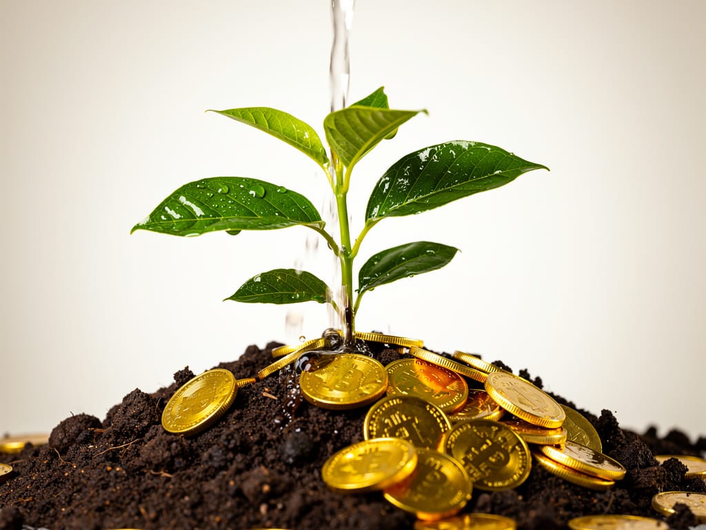 A small tree being watered by gold coins representing dividend reinvestment