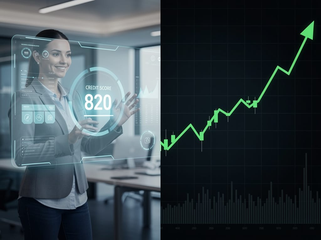 A high credit score next to a rising stock market chart.