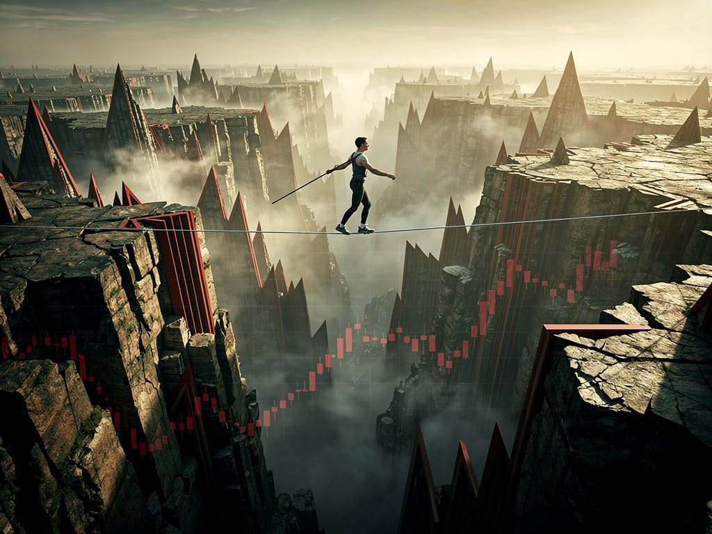 A tightrope walker balancing over a falling stock market graph.